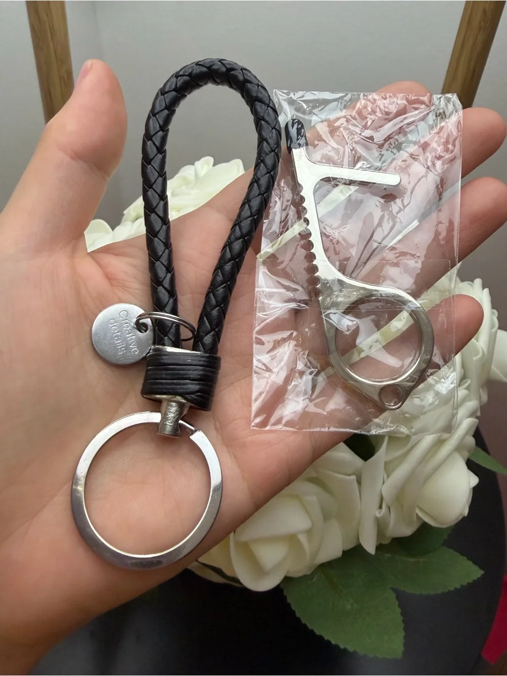 Coach Braided Leather Loop Keyring - Black with Silver Hardware